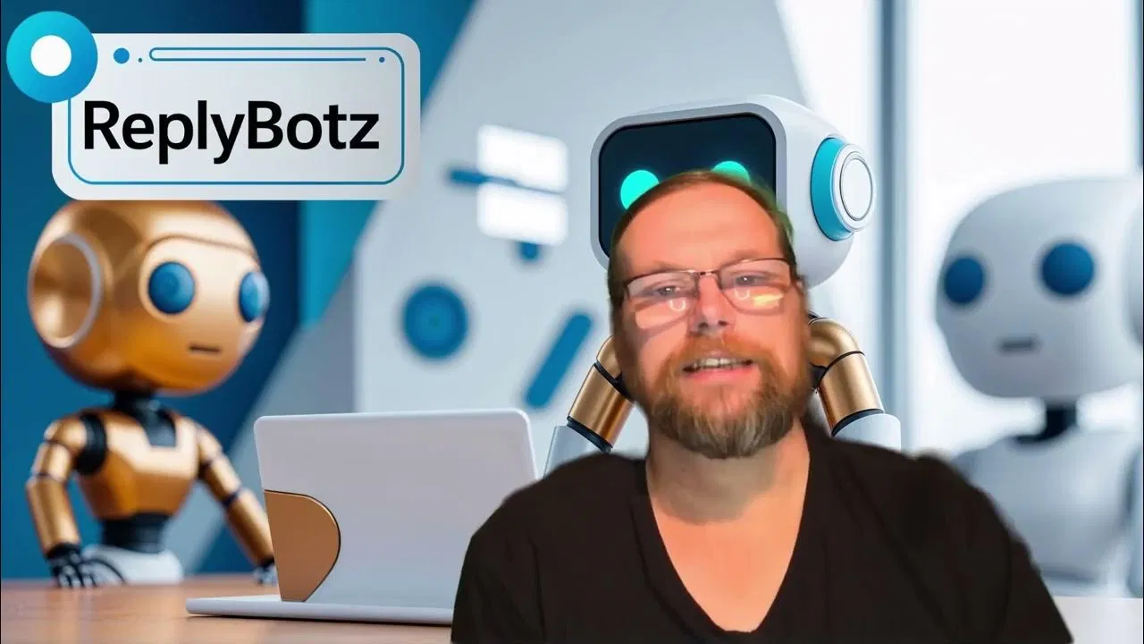 Business professional with AI humanoid robots backdrop