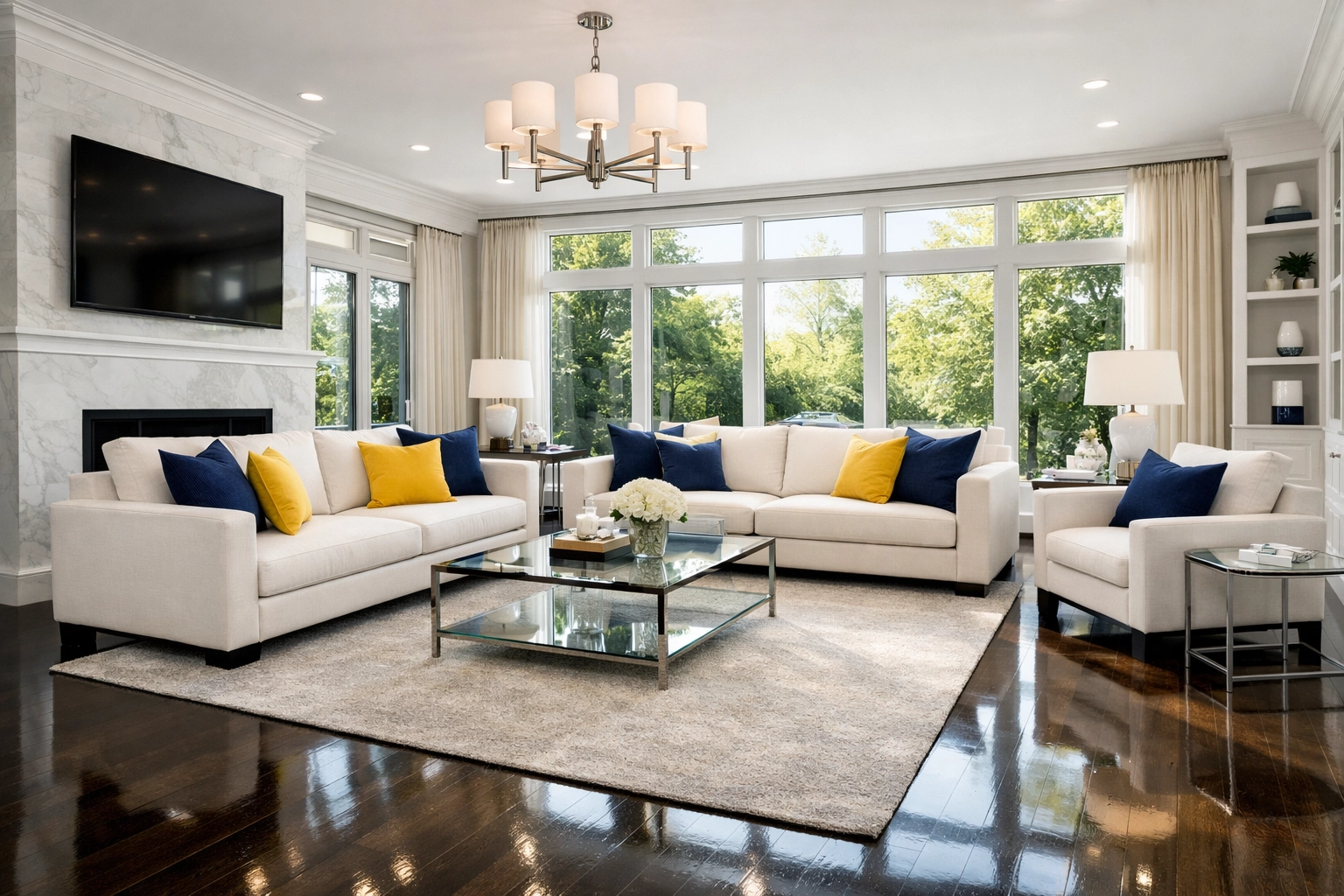 Sunlit luxury Natick living room with polished hardwood floors after a professional deep cleaning service.
