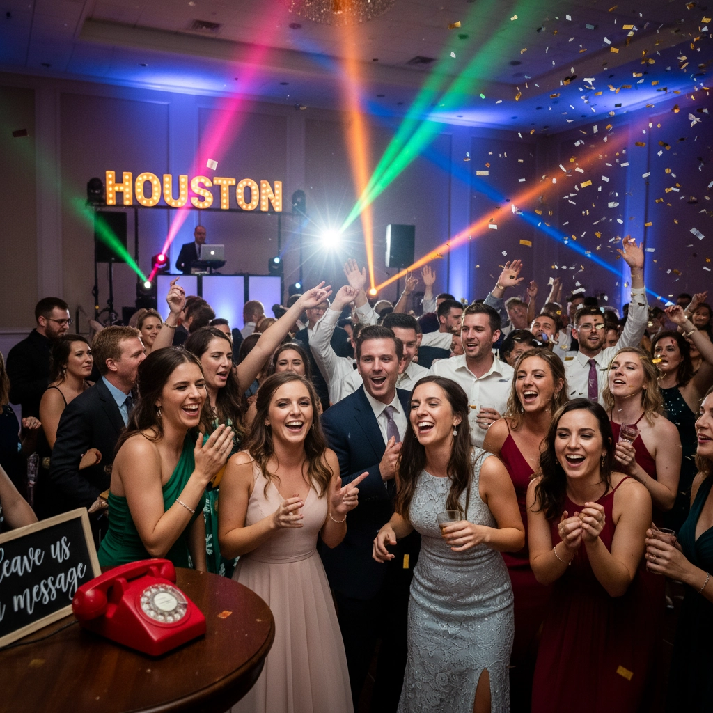 Party crowd celebrating with smiles, confetti, and colorful lights; "Houston" sign in the background. Red phone and message sign visible.