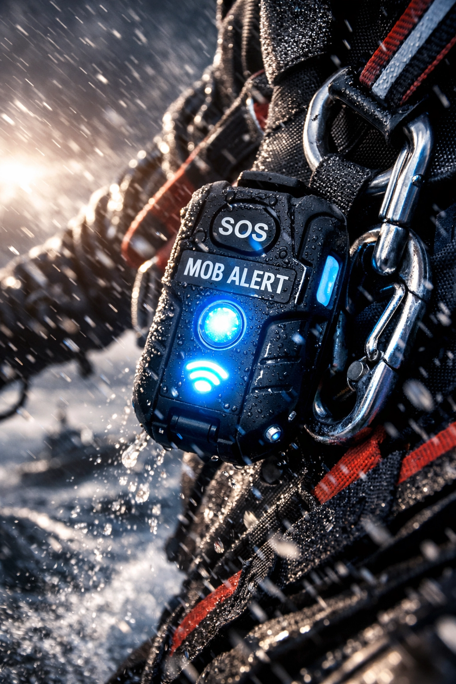 Man overboard MOB alert system device attached to marine safety harness