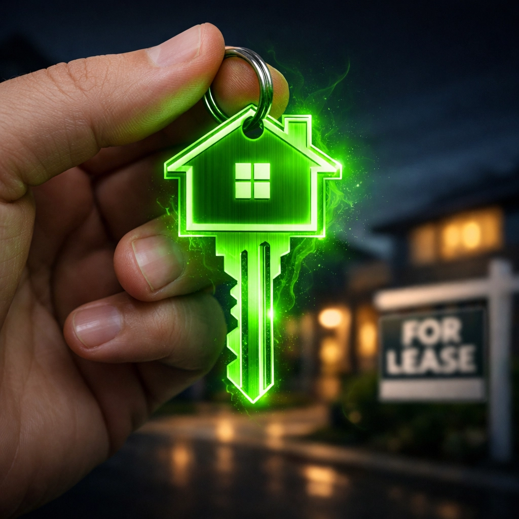 Glowing green house key symbolizing a house cleaning directory listing for lease in Camden County.