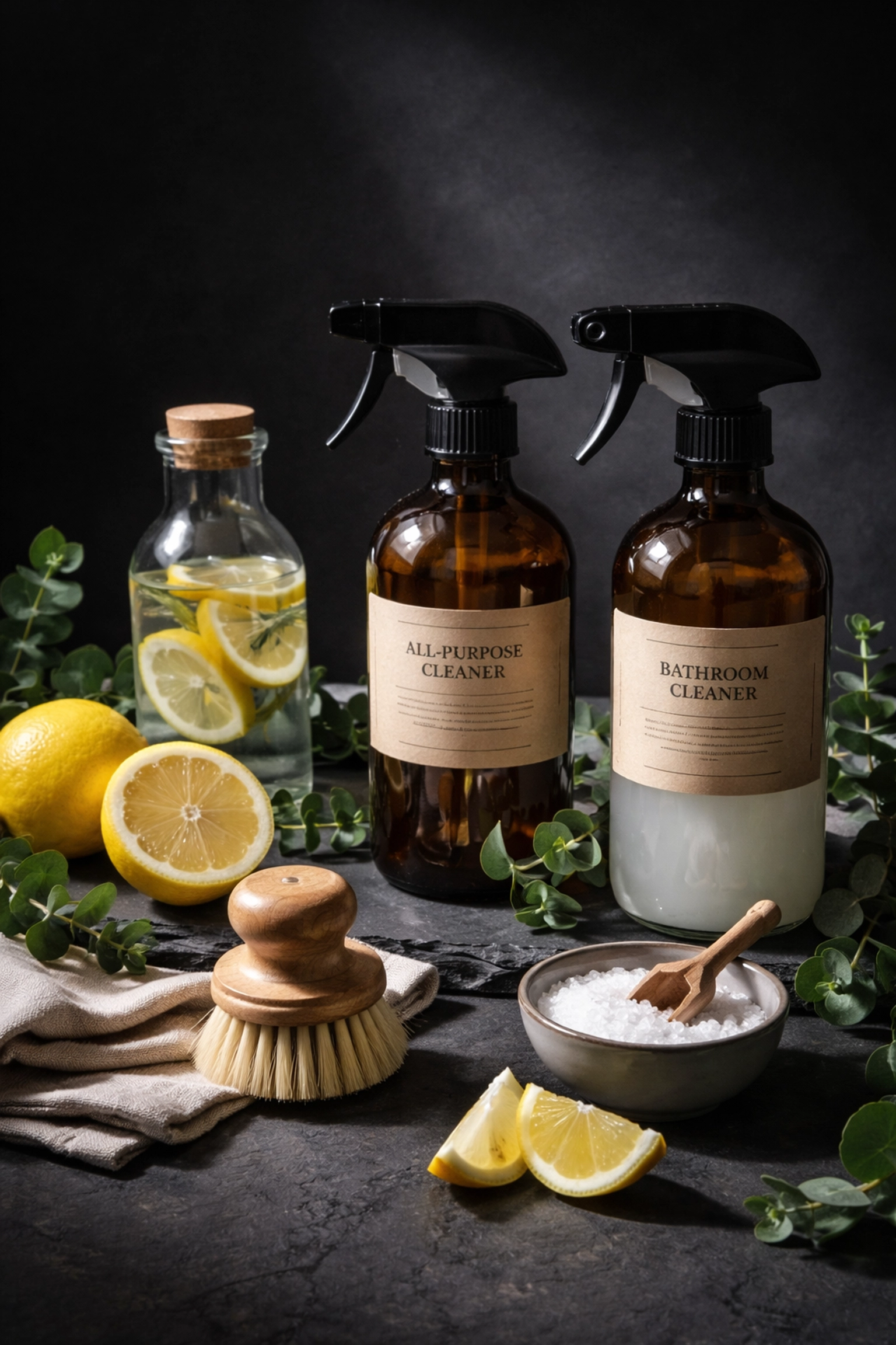 Eco-friendly cleaning products including spray bottles, lemons, and eucalyptus arranged for Brisbane home cleaners