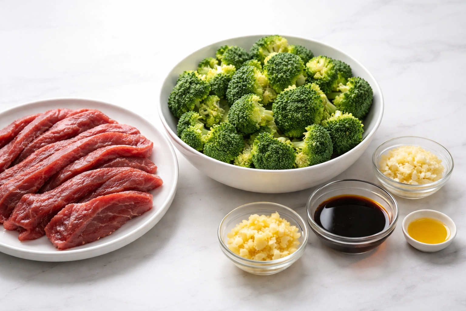 Raw flank steak, broccoli, garlic, ginger, and keto stir-fry sauce ingredients displayed for a high-protein beef and broccoli recipe