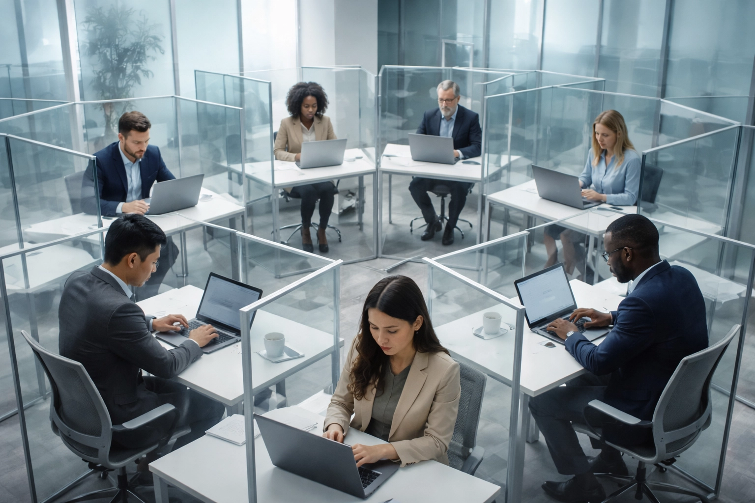 Business professionals isolated in glass cubicles, highlighting disconnected teams in a modern office environment.