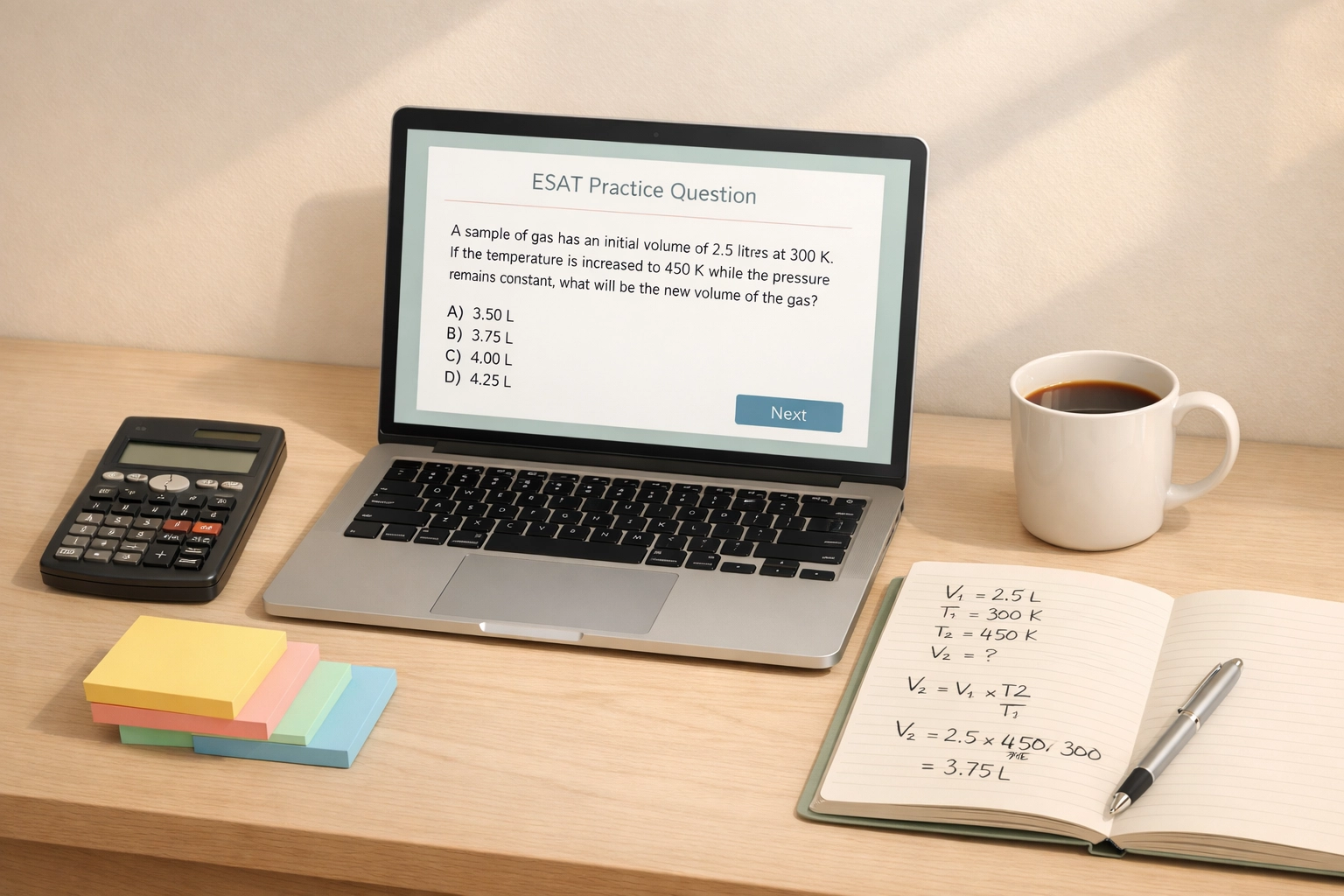 ESAT exam preparation desk setup with laptop, calculator, and chemistry revision notes