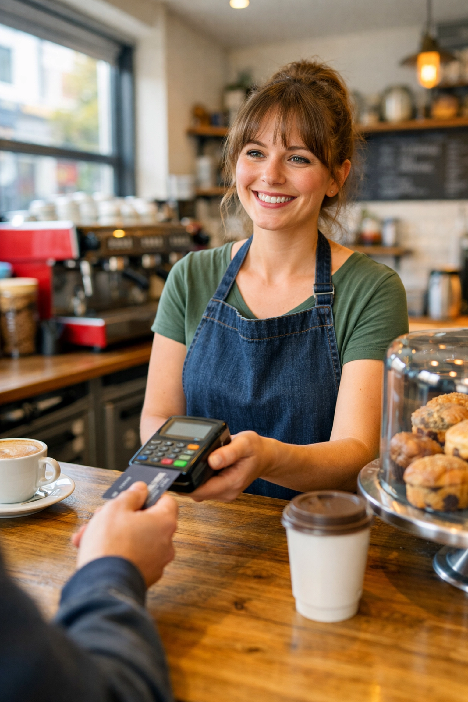 Barista using SumUp card reader to serve customer at busy UK café counter