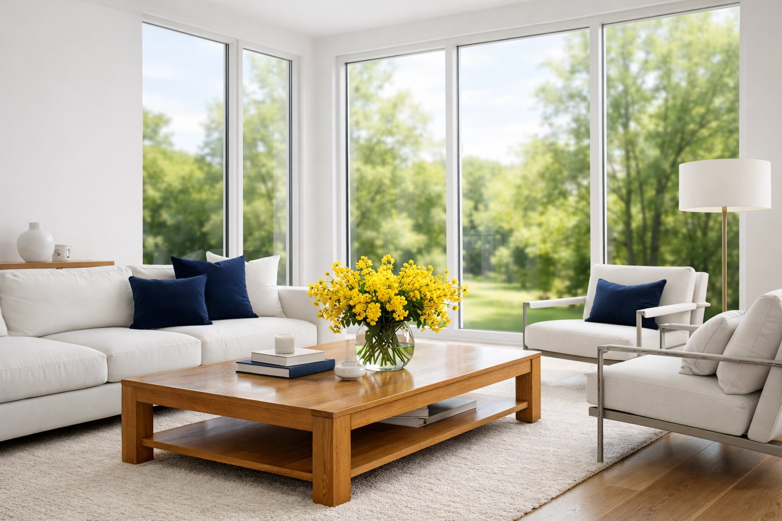 A sun-drenched living room showcasing the results of professional Tewksbury residential cleaning.