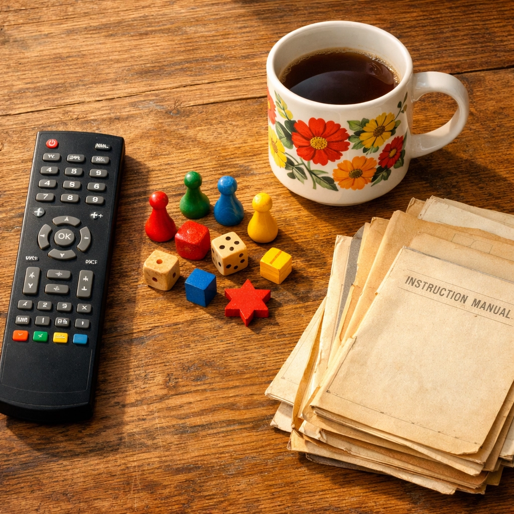 Household items to sell on eBay including a TV remote, vintage coffee mug, and old instruction manuals.