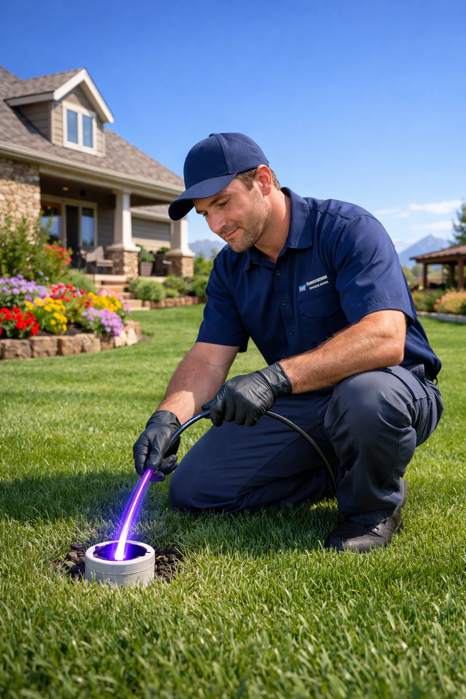 Technician performing a LightRay liner installation in a Denver backyard without digging.