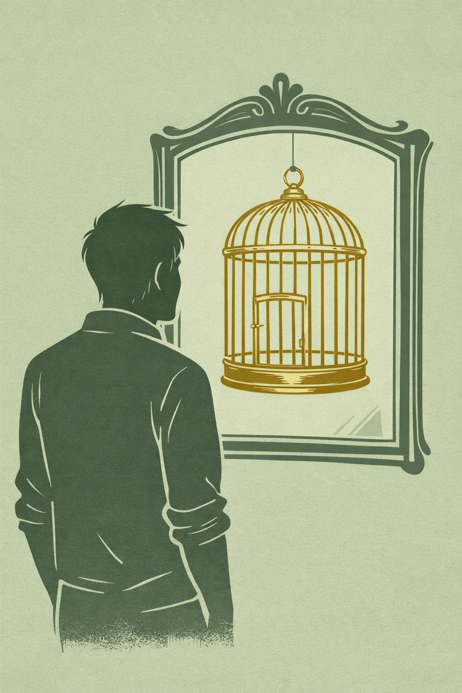 Man facing mirror showing golden cage reflection, symbolizing self-imprisonment and realization