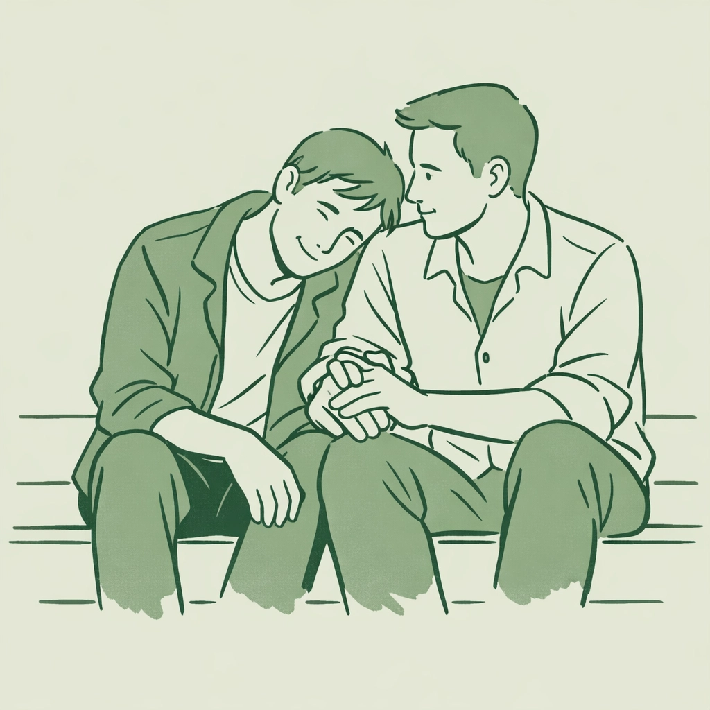Hand-drawn illustration of two men supporting each other, showing resilience in MM romance stories.