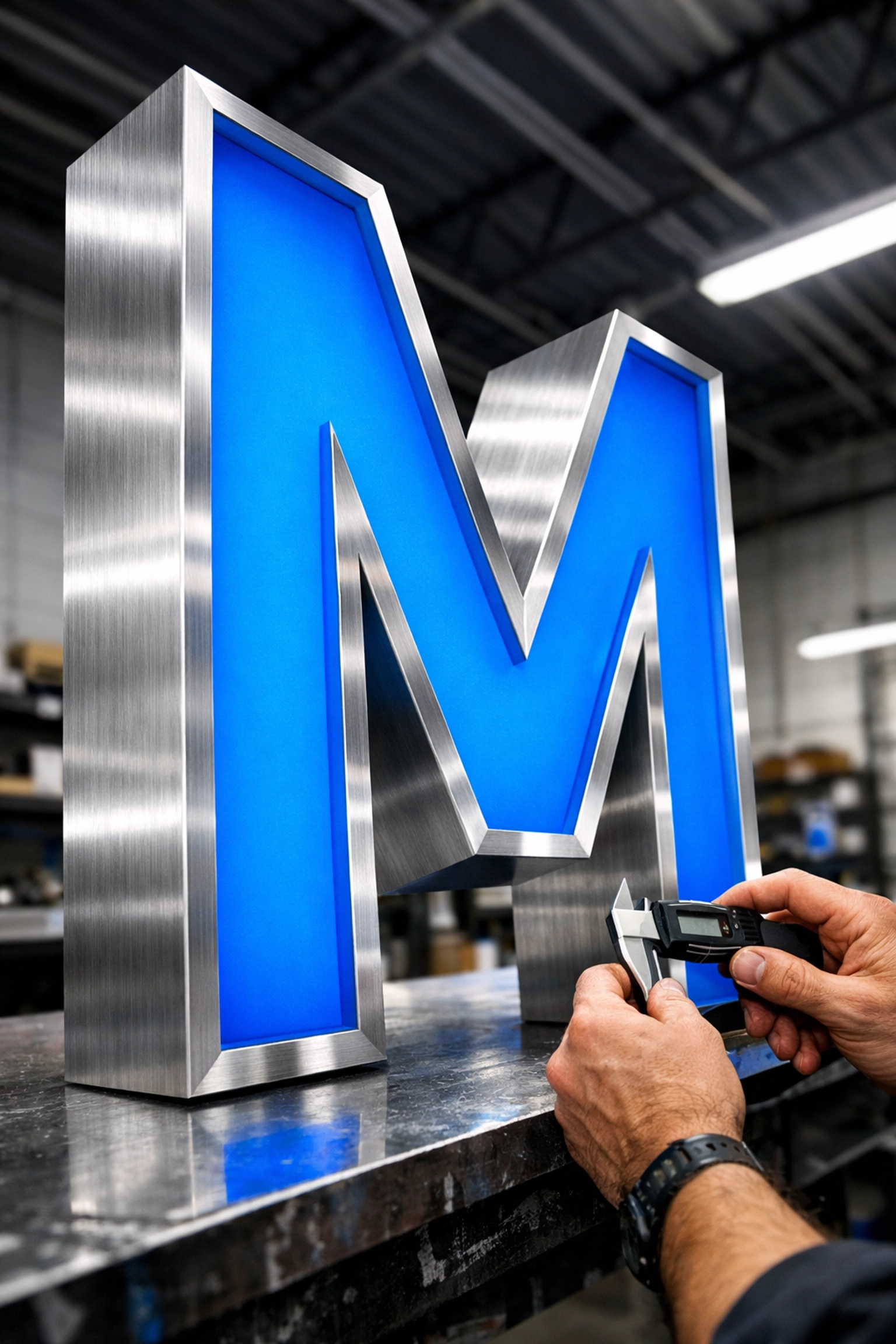 Large blue 3D channel letter for business signage showing clean lines and bold font.