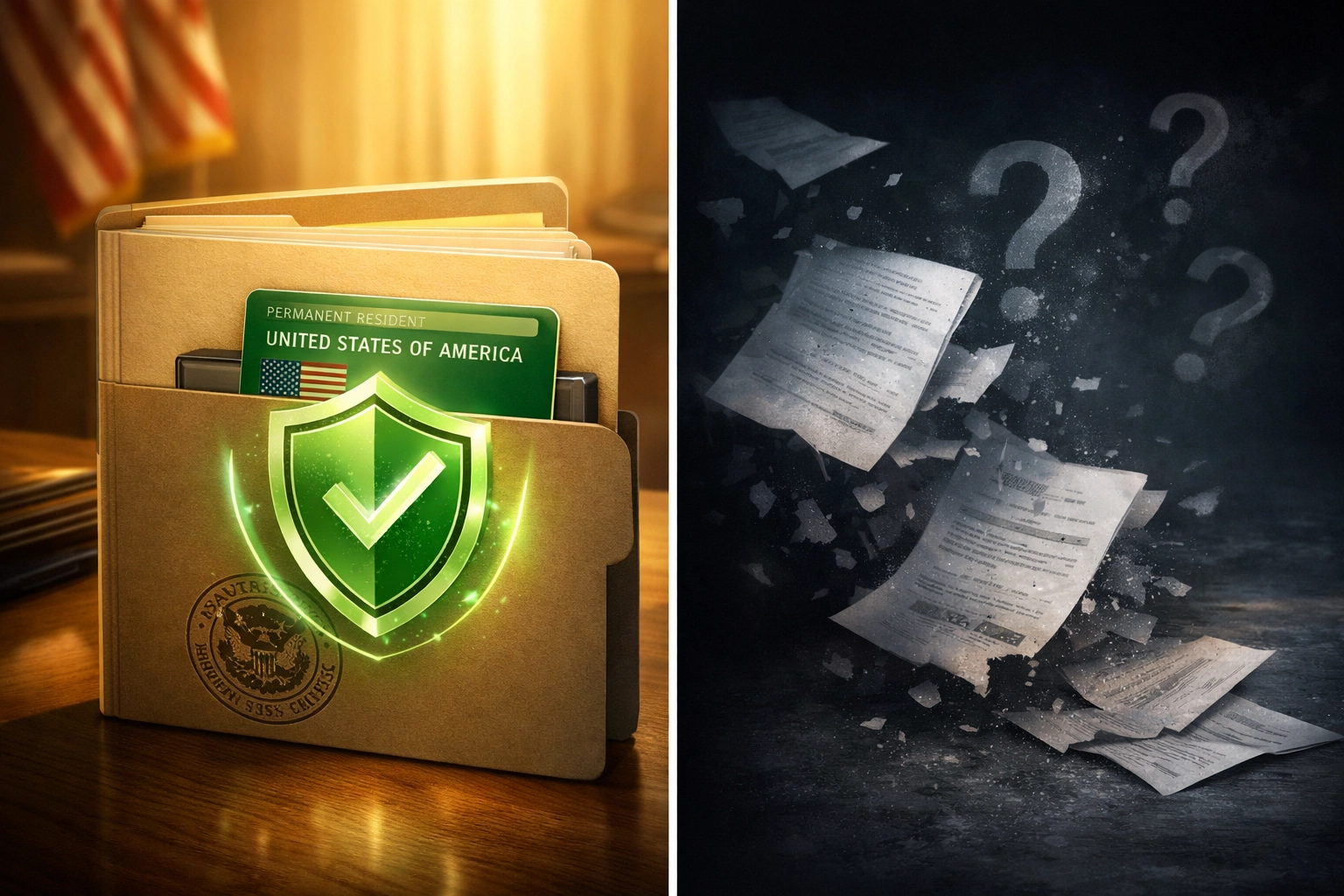 Protected EB-5 green card with security versus uncertain immigration path showing grandfathering benefits