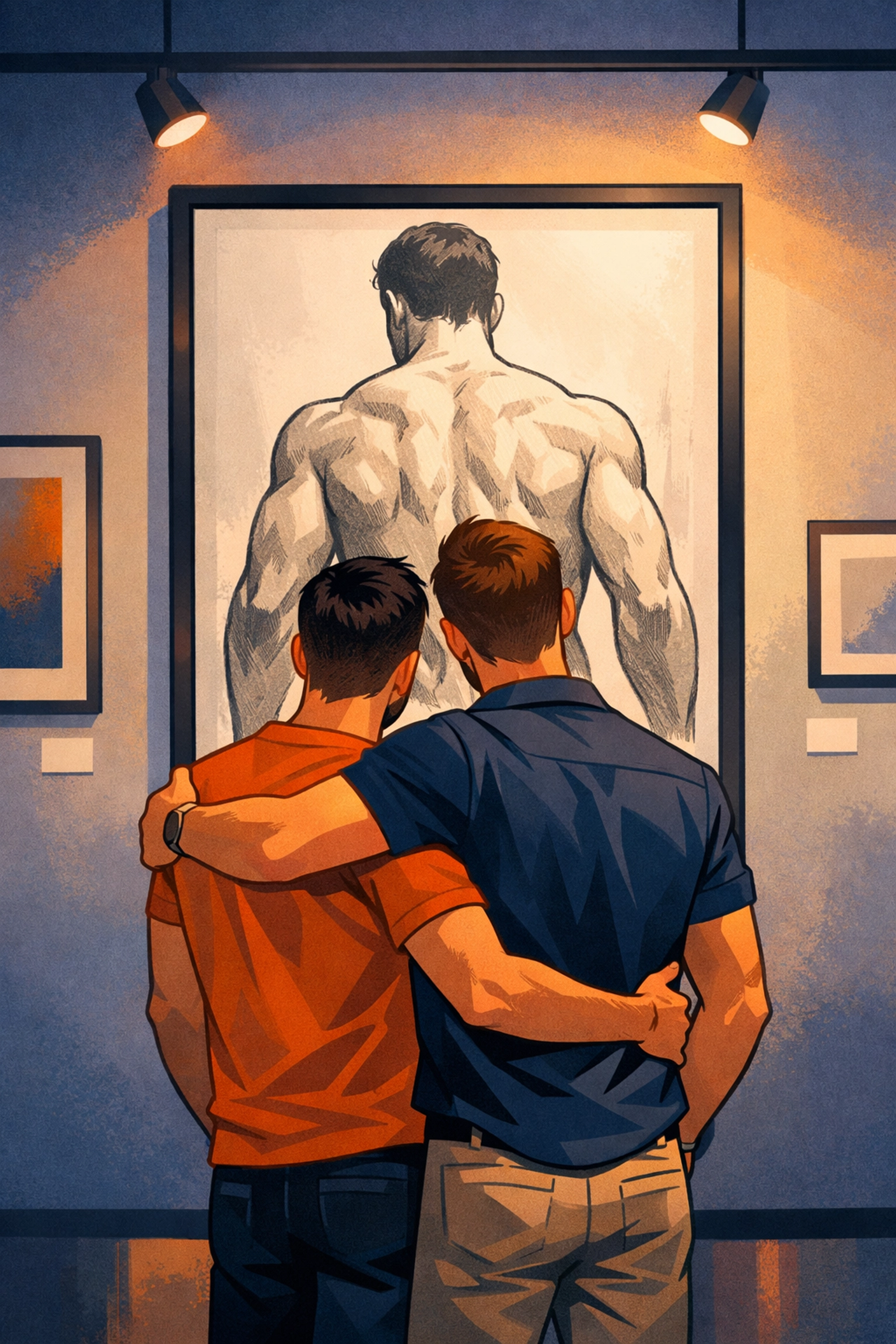 A gay couple viewing a framed sketch of the muscular male form in an art gallery, celebrating queer beauty.