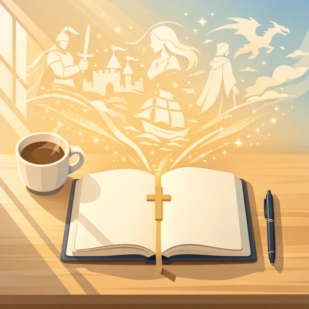 Writer's desk with journal and cross bookmark showing faith-driven creative process