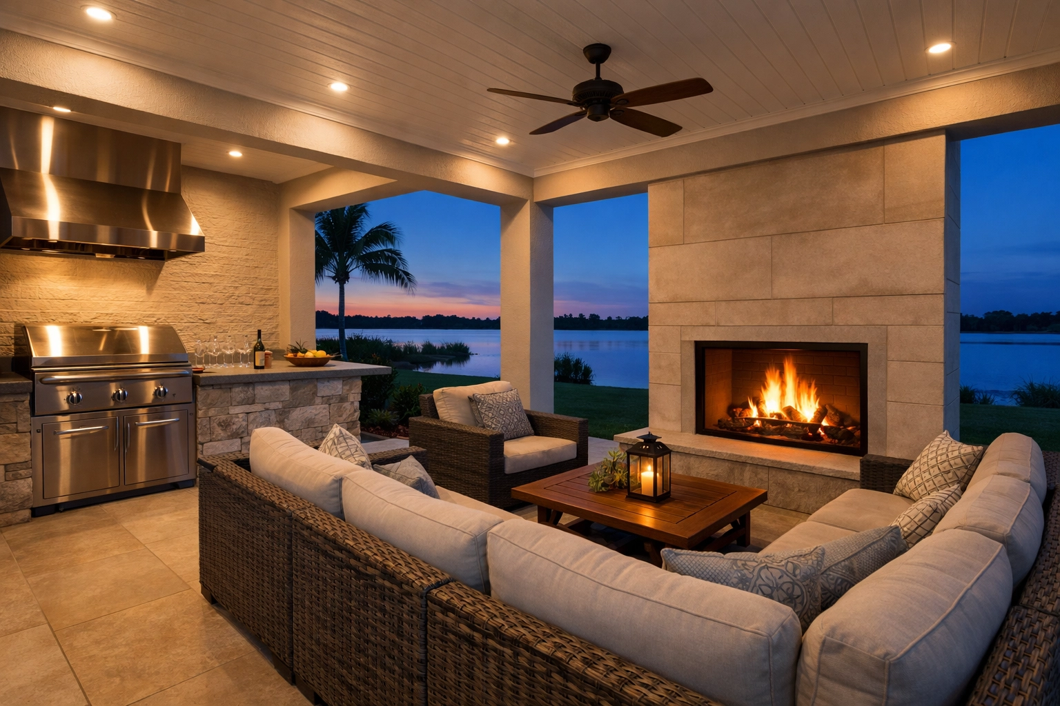 Modern Florida lanai featuring a custom outdoor kitchen and stone gas fireplace at sunset.