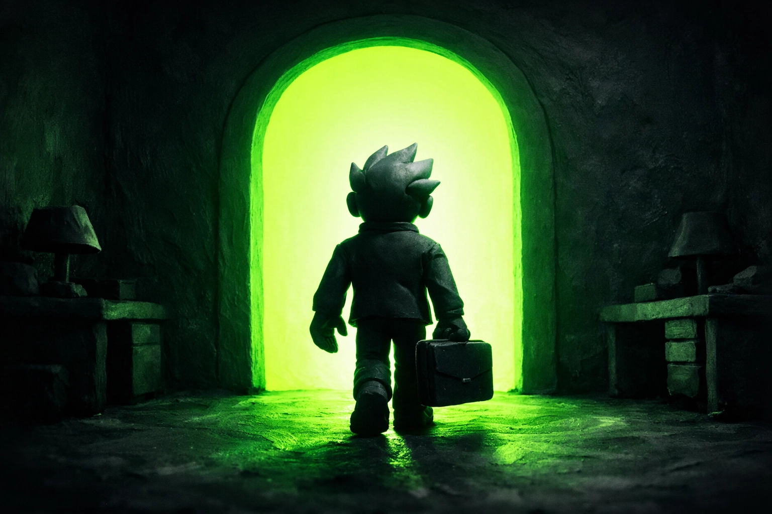 Successful job seeker character walking through a neon green doorway representing a career launch and hiring.