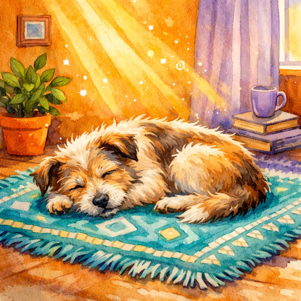 A rescue dog napping on a rug during the first 72 hours of adoption decompression.