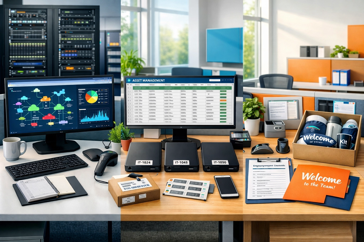 Three ServiceNow module workstations showing ITOM infrastructure monitoring, ITAM asset tracking, and HRSD workflows