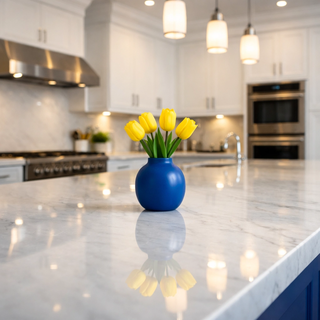 Spotless marble kitchen island showing precision house cleaning Worcester MA for modern homes.