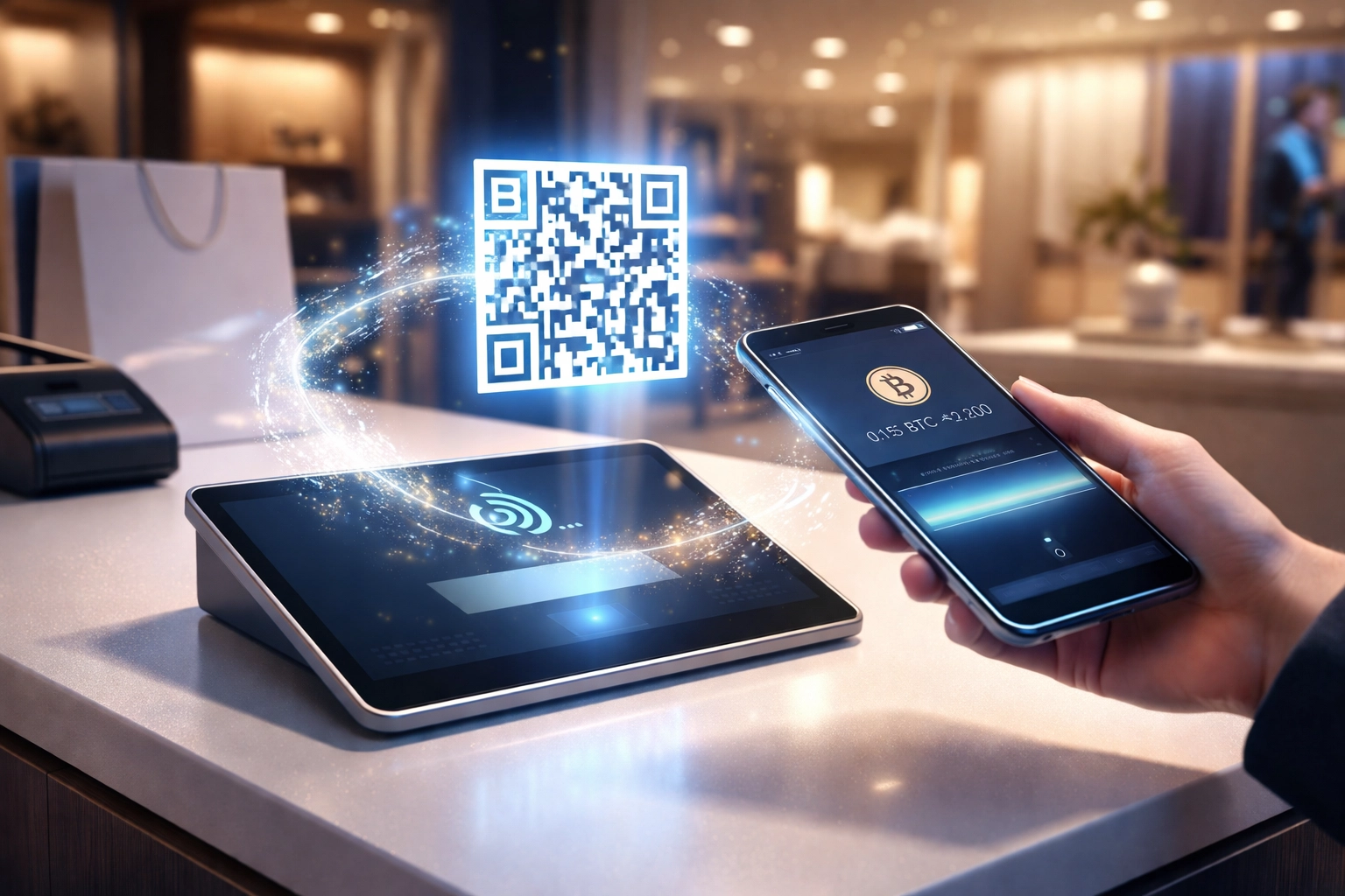 Customer using a crypto POS system at a modern retail checkout with QR code for secure Web3 payment integration