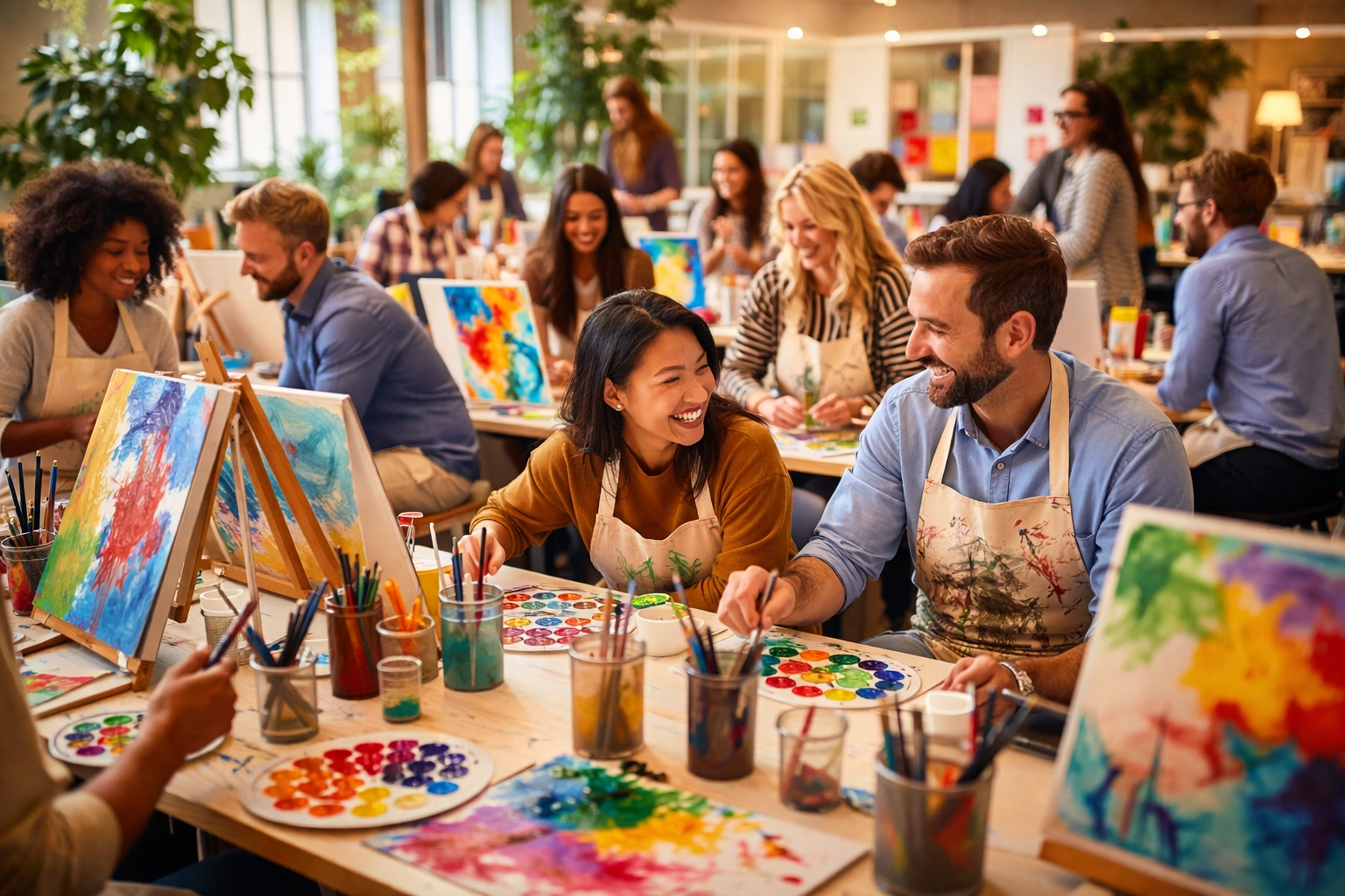 Corporate team painting together at a collaborative creative workshop event