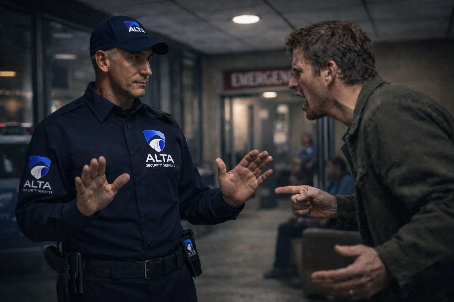 Hospital security guard demonstrating de-escalation techniques with agitated visitor