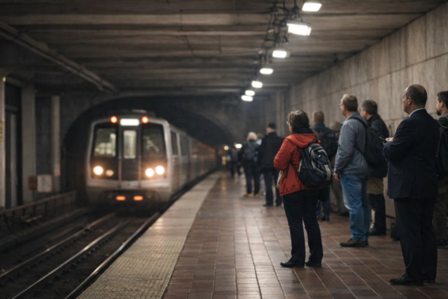 Commuters wait on a subway platform indicating service interruptions