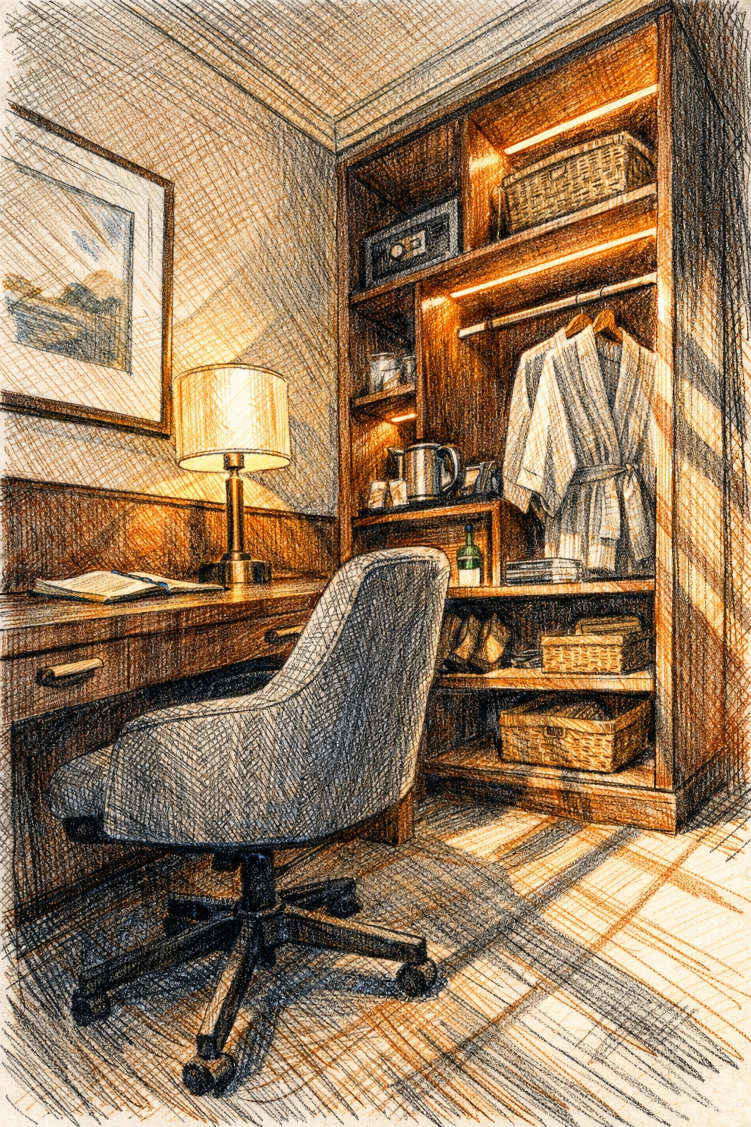 Functional boutique hotel guest room interior with a stylish walnut desk and storage.