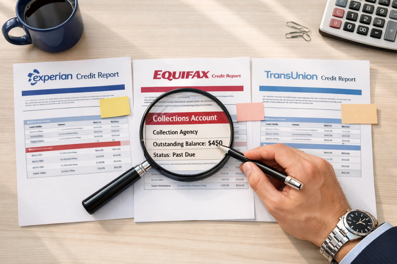 Professional reviewing three credit reports with magnifying glass examining collections account