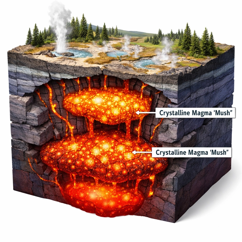 Diagram showing the subterranean magma chambers and geological layers beneath Yellowstone National Park.