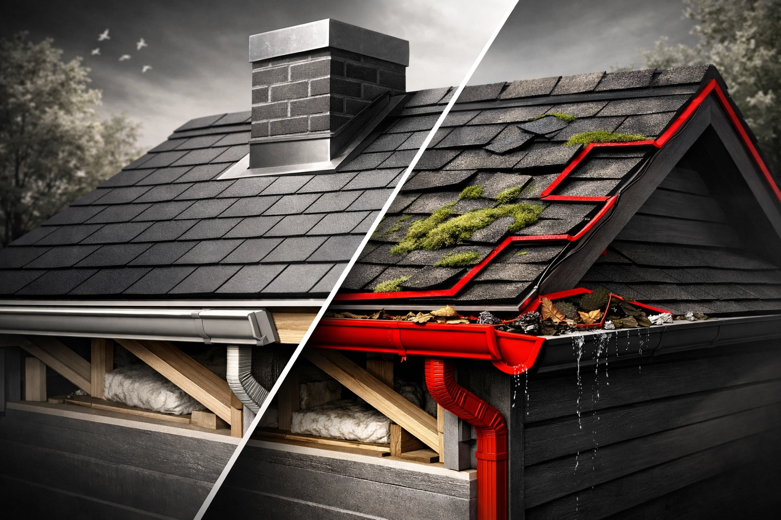 Roof maintenance comparison showing maintained versus neglected roofing conditions in Salisbury MD