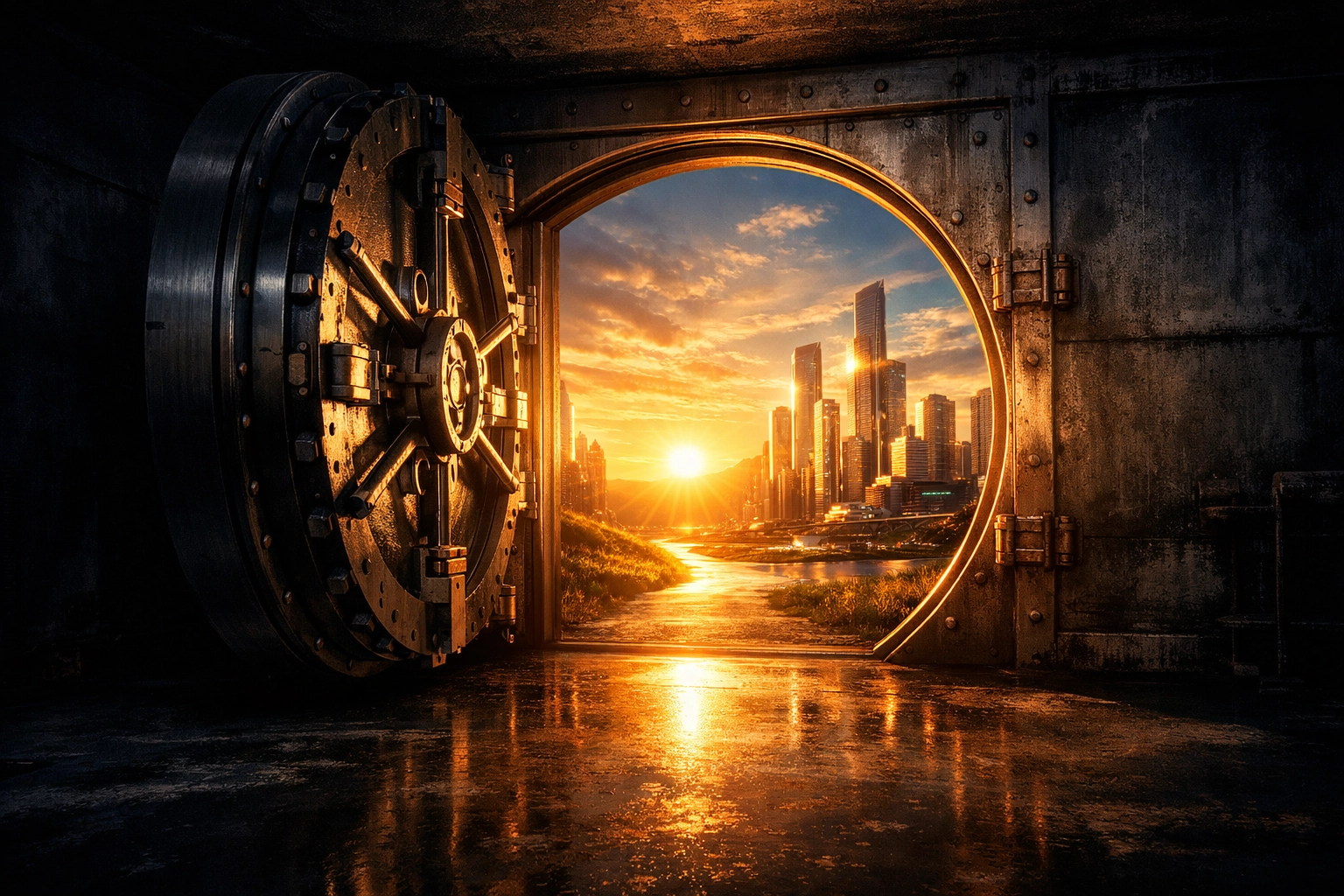 Open vault door symbolizing a transition to financial freedom and abundance in the private sector.