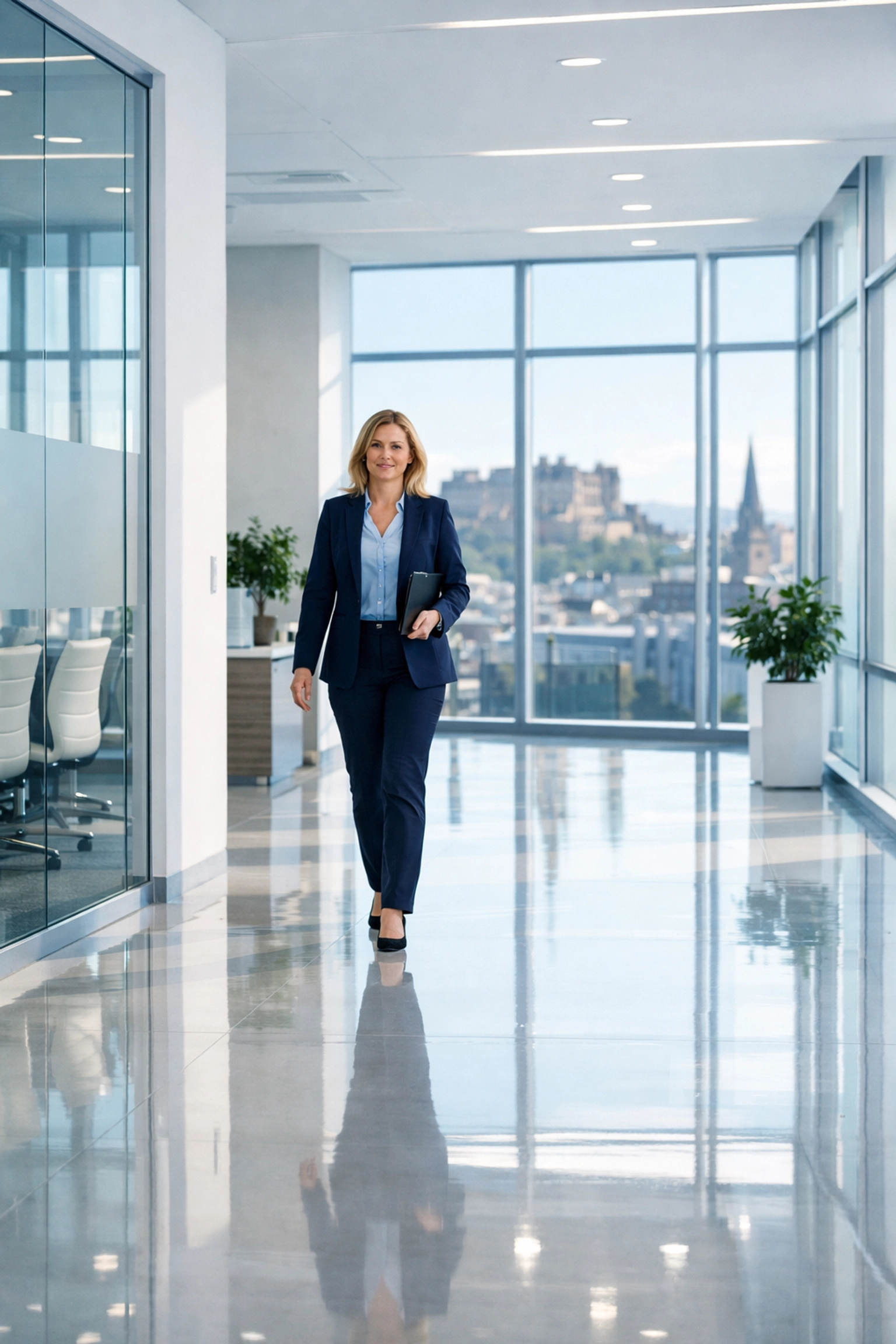Modern Scottish corporate office showing professional facilities management and pristine floors.