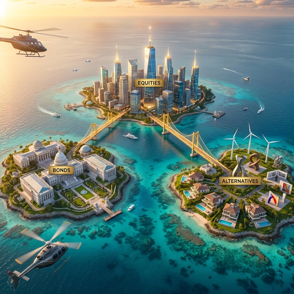 Three connected islands depicting equities, bonds, and alternatives, illustrating the 40/30/30 portfolio diversification model.