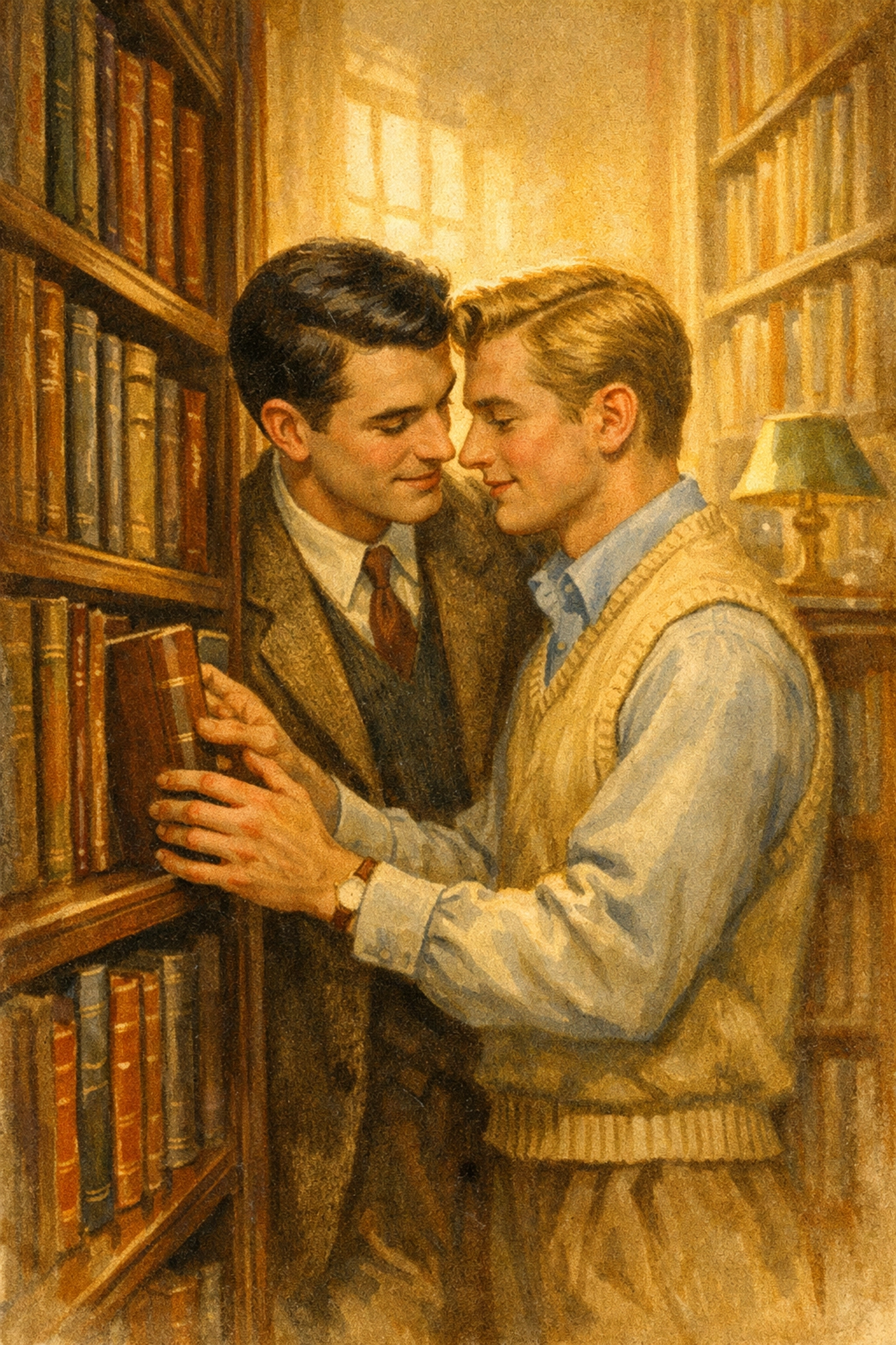 Two men sharing a secret moment in a 1950s library, a classic trope in MM historical romance books.
