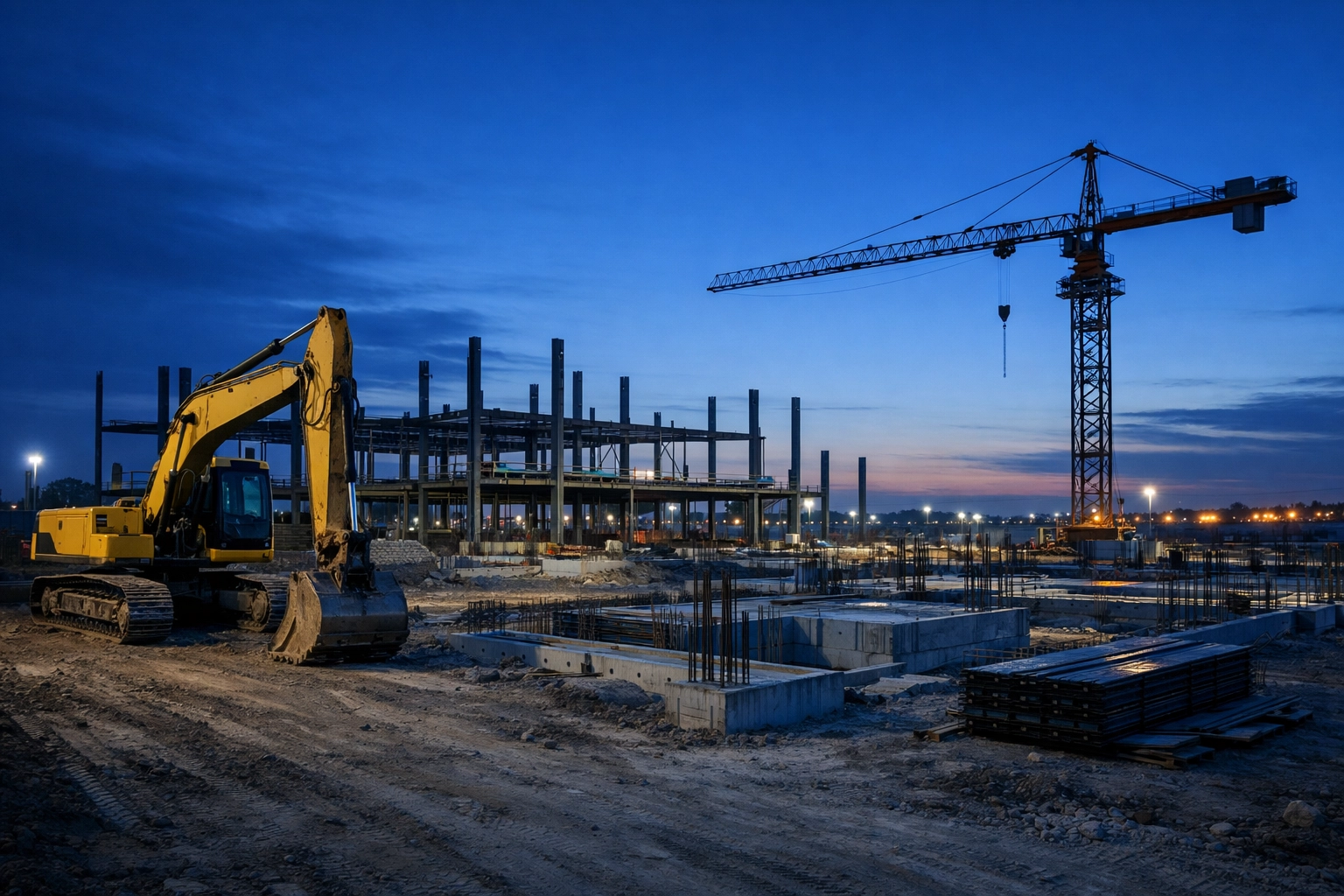Large construction site at dusk featuring expensive machinery requiring professional security protection.