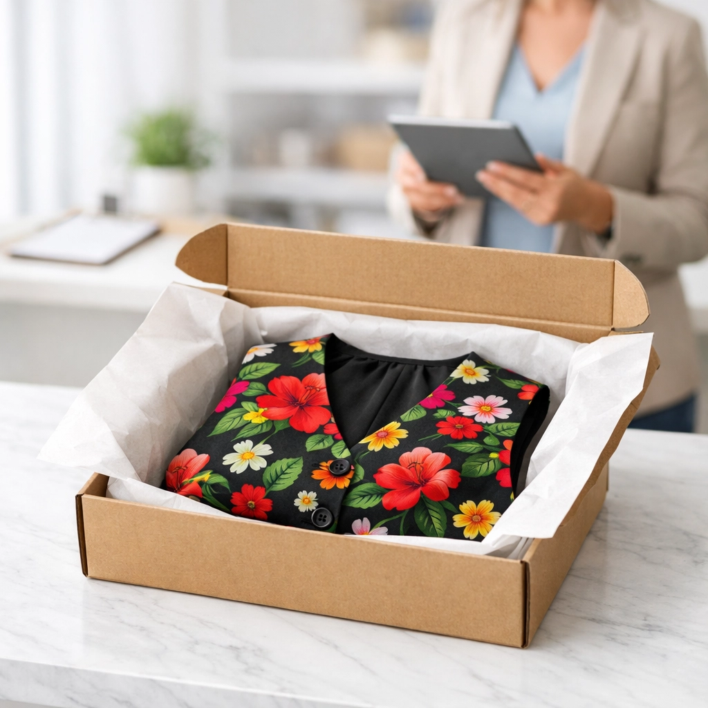 Floral novelty vest for mens in a shipping box ready for retail inventory.