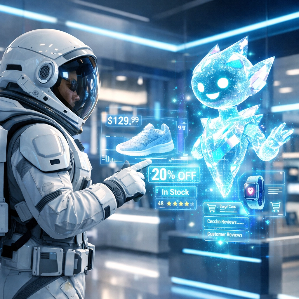 An AI assistant helps a shopper in a digital store, showcasing Larecoin's AI-powered Web3 commerce tools.