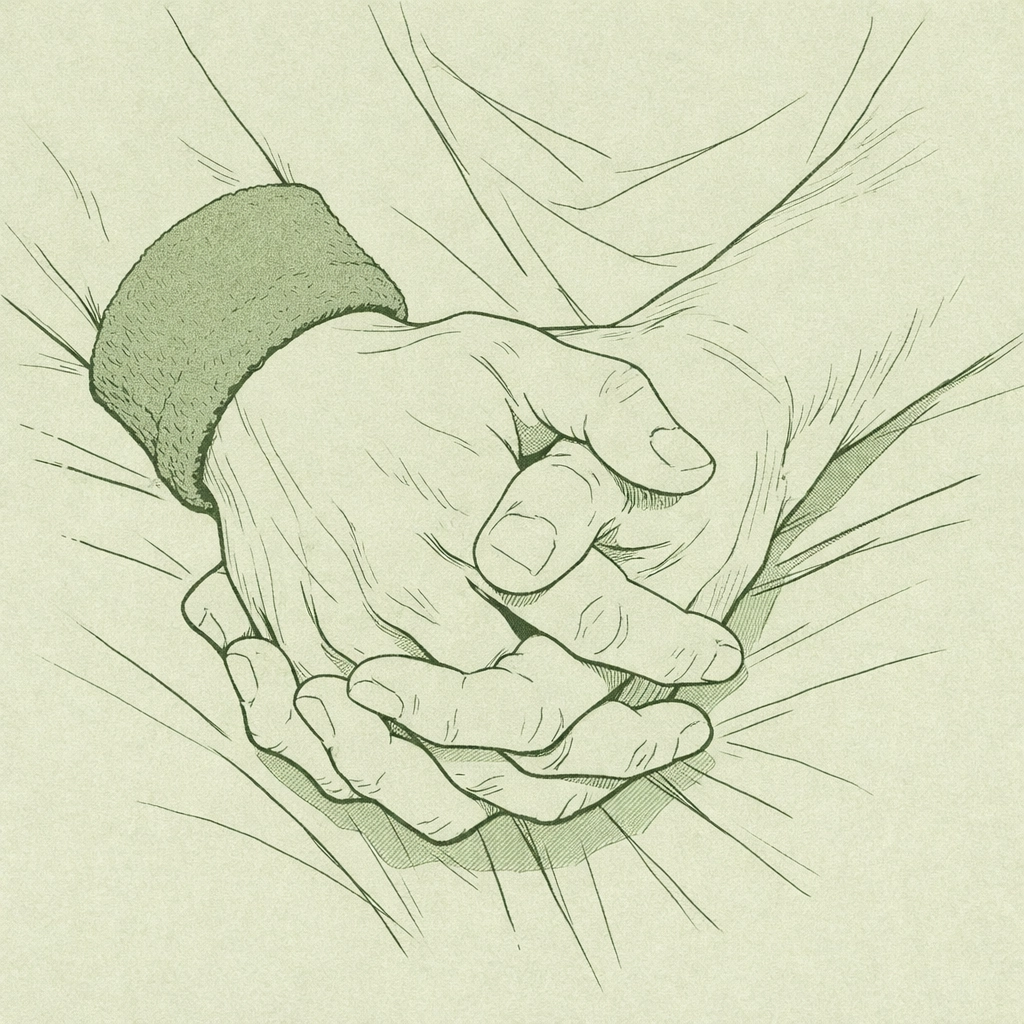 Close-up of two men’s hands intertwined with an athletic wristband, symbolizing deep connection in gay sports novels.