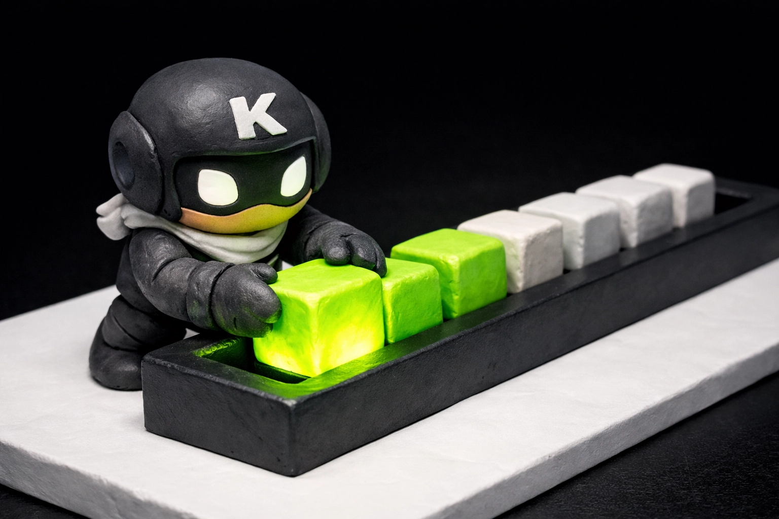 Clay figure placing glowing keyword blocks into a LinkedIn headline box for better recruiter search visibility.