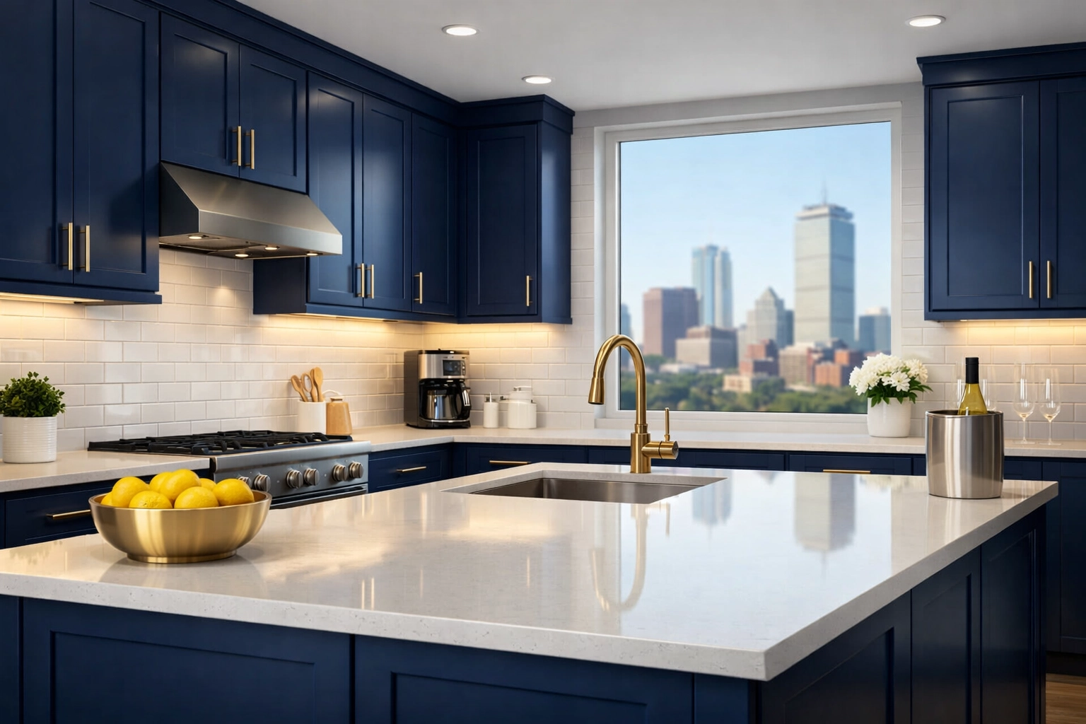Spotless South Boston condo kitchen with quartz countertops and navy cabinets after a professional apartment turnover.