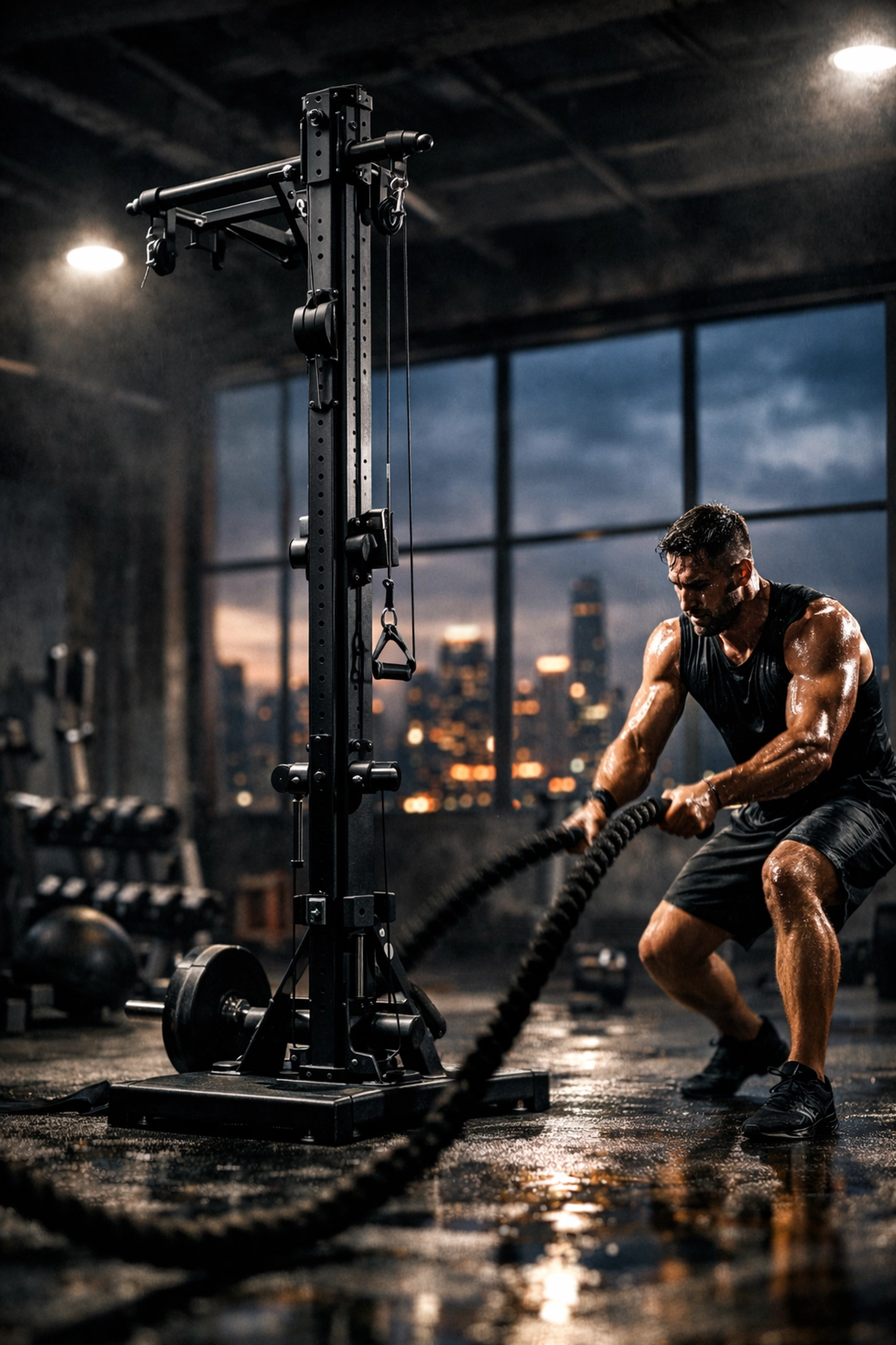 Athlete using a floor to ceiling gym for a full body workout at home without wall damage.