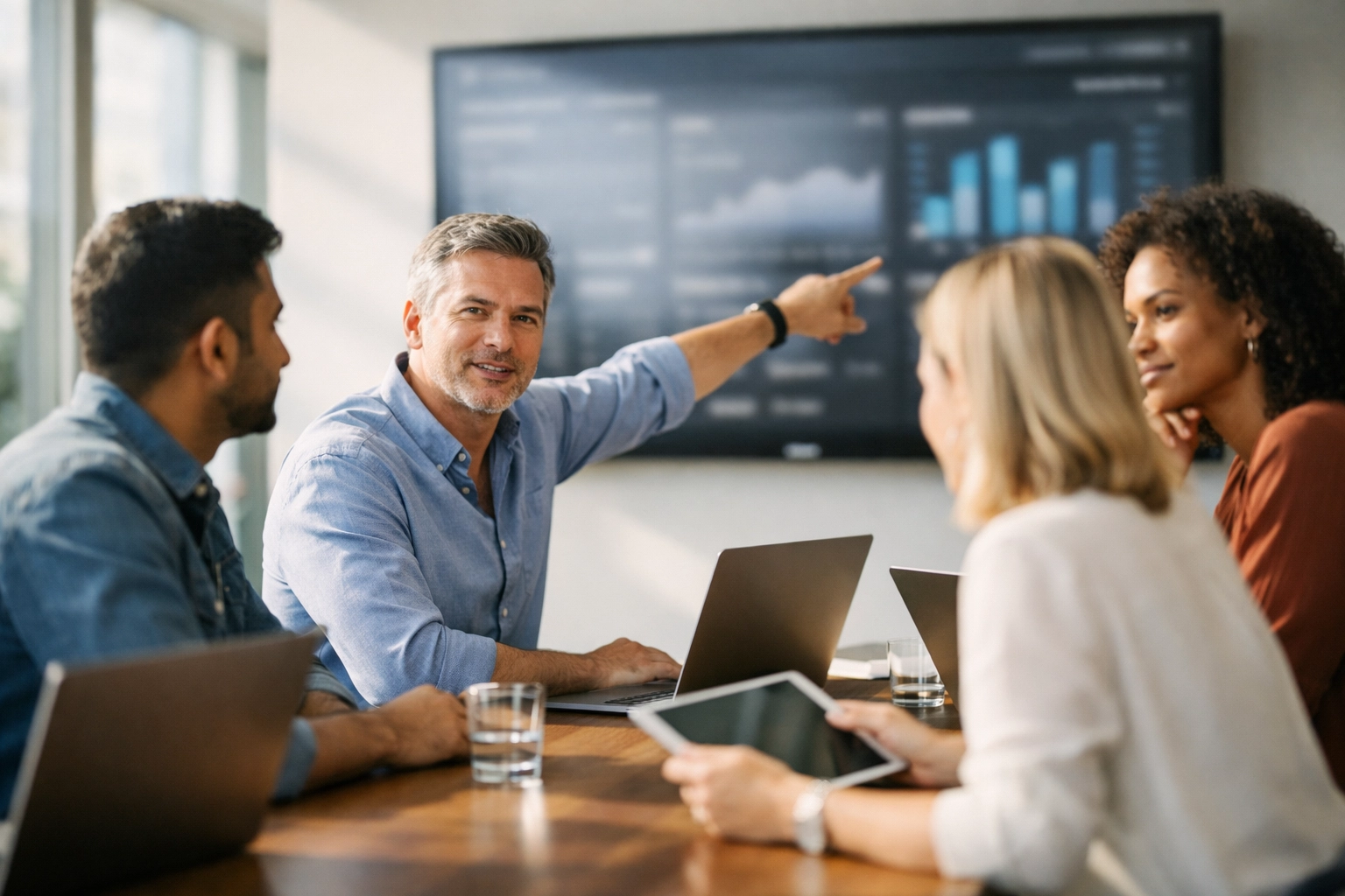 A professional IT strategy team collaborating on ServiceNow ROI and platform efficiency in a modern office.