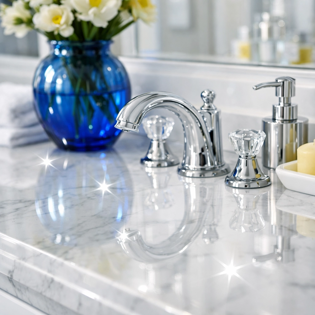 Detailed view of a sanitized bathroom vanity from professional cleaners in Leominster MA.