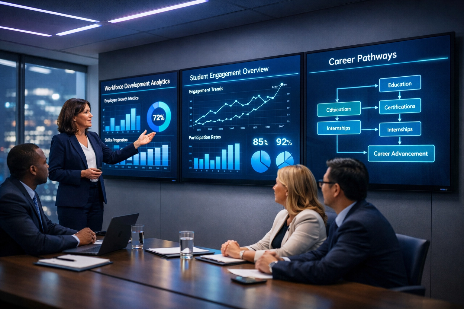 Corporate executives reviewing workforce development analytics for EsportsPod high school sponsorship