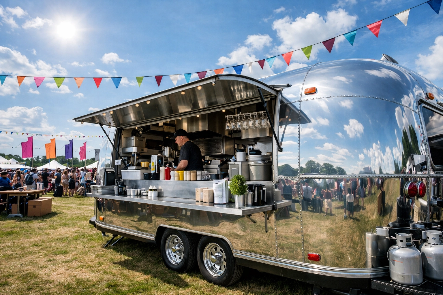 A sleek silver airstream catering unit at a large-scale event, representing professional festival logistics.