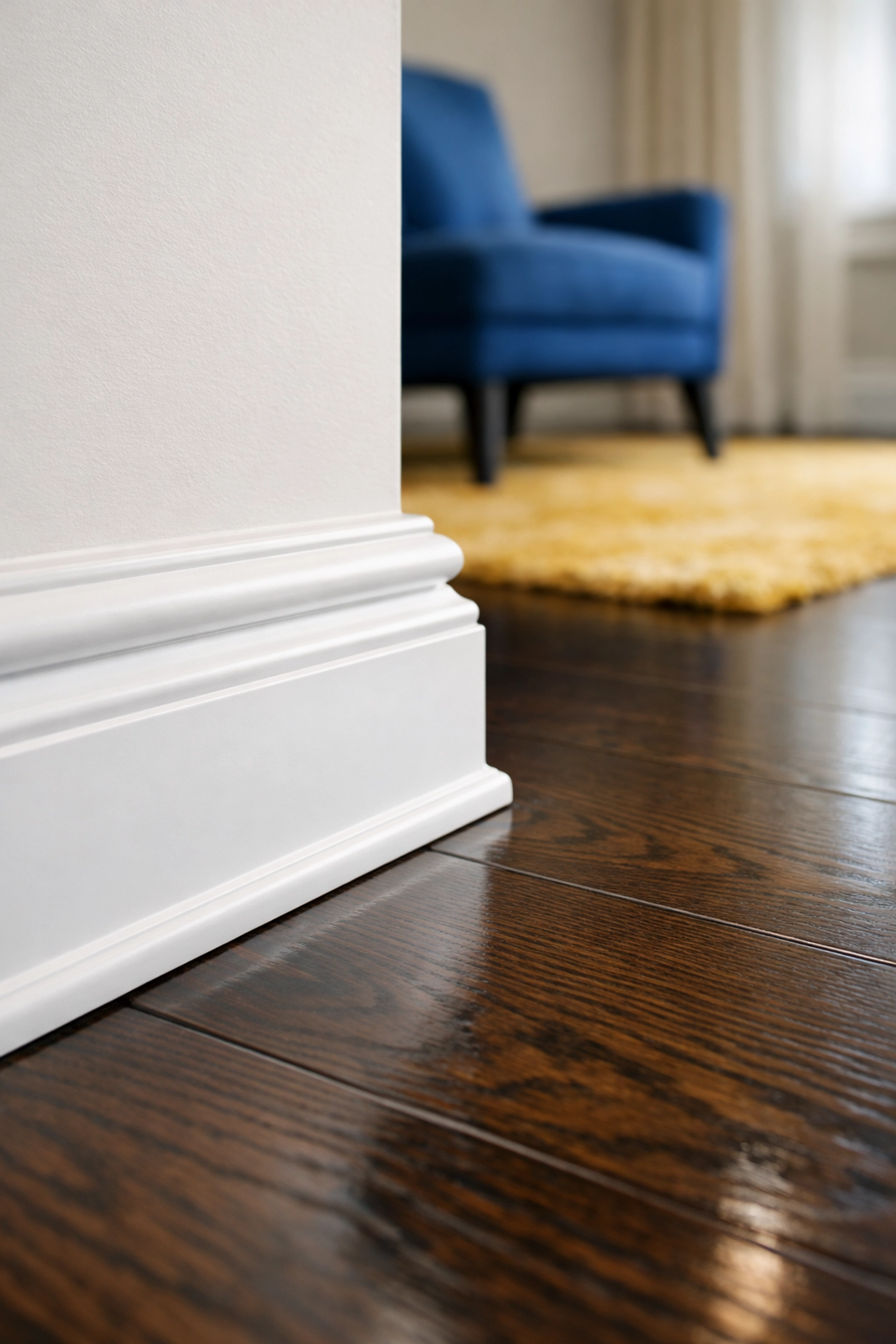 Pristine white baseboards and polished hardwood floors from professional deep cleaning Worcester services.