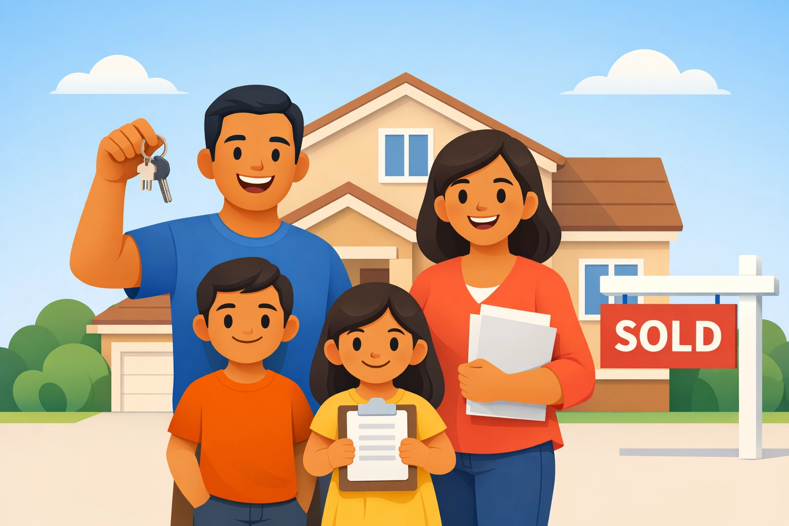 Familia latina comprando casa en USA con llaves y documento de venta