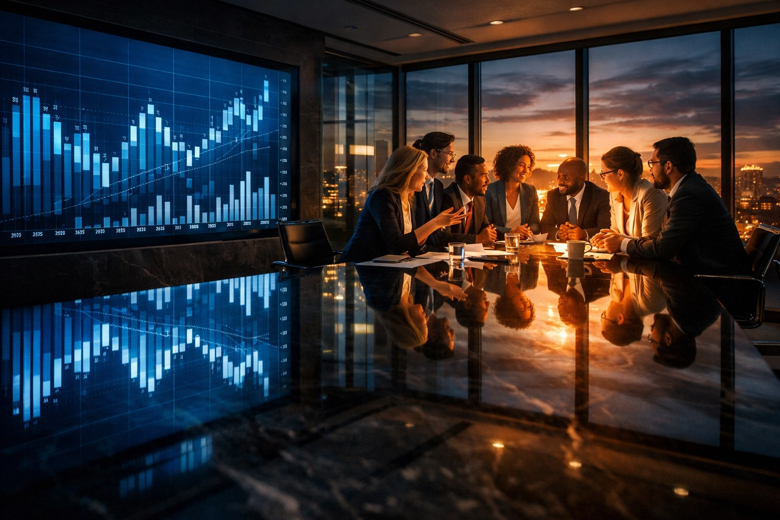 Modern boardroom setting illustrating the balance between financial data and human scaling metrics.